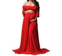 KURFACE Red Chiffon Strapless Maternity Dresses for Photshoot Long Sleeve Baby Shower Dress Maternity Gowns UK20