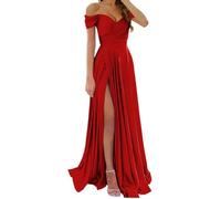 KURFACE Red Prom Dresses for Women with Slit Pleated Off Shoulder Satin Bridesmaid Dress Long Evening Formal Gown UK20