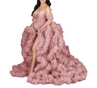 KURFACE Robe de chambre à épaules dénudées pour séance photo de maternité Perspective Robe longue en tulle gonflé Robe transparente Dusty Rose L