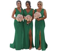 KURFACE Robes de Demoiselle d'honneur de Mariage à Double col en V Longue Robe de Demoiselle d'honneur en Mousseline de Soie Robes de soirée formelles Emerald Green UK32