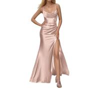 KURFACE Rose Gold Satin Prom Dresses with Slit for Women Sleeveless Spaghetti Strap Cowl Neck Bridesmaid Dress UK14