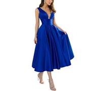 KURFACE Royal Blue Formal Evening Dresses for Wedding V Neck Elegant Satin Wedding Guest Tea Length Prom Dress 2024 UK12