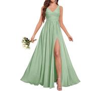 KURFACE Sage Green Bridesmaid Dresses for Women with Slit Pleated A Line V Neck Chiffon Wedding Guest Dress Formal Gown UK14