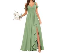 KURFACE Sage Green Bridesmaid Dresses for Women with Slit Pleated Cold Shoulder Chiffon Wedding Guest Dress UK6