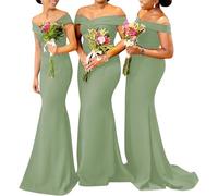 KURFACE Sage Green Satin Bridesmaid Dresses for Wedding Party Off Shoulder Mermaid Formal Evening Dress Long UK8