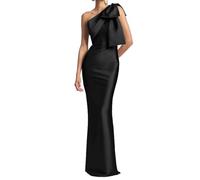 KURFACE Satin Black Bridesmaid Dresses for Women with Bow Long One Shoulder Mother of Bride Dresses Petite UK6