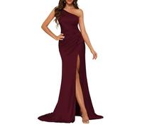 KURFACE Satin Burgundy Bridesmaid Dresses for Wedding Party Long Mermaid Prom Dress with Slit Sexy Formal Party Gown UK10