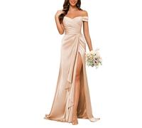 KURFACE Satin Champagne Bridesmaid Dresses for Wedding Party Off Shoulder Prom Dress with Slit Elegant Formal Gown UK18