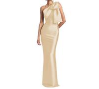 KURFACE Satin Champagne Bridesmaid Dresses for Women with Bow Long One Shoulder Mother of Bride Dresses Petite UK6