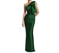 KURFACE Satin Emerald Green Formal Dress with Slit One Shoulder Mother of The Bride Dresses Long Sexy Bridesmaid Prom Gown UK16