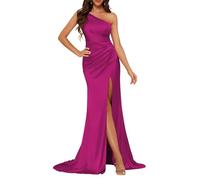 KURFACE Satin Fuchsia Bridesmaid Dresses for Wedding Party Long Mermaid Prom Dress with Slit Sexy Formal Party Gown UK10
