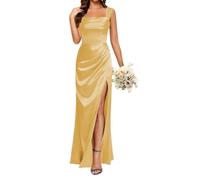 KURFACE Satin Gold Prom Dresses for Teens Sleeveless A Line Ball Gown Corset Evening Formal Dress with Slit UK18