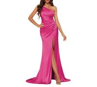 KURFACE Satin Hot Pink Bridesmaid Dresses for Wedding Party Long Mermaid Prom Dress with Slit Sexy Formal Party Gown UK22