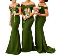 KURFACE Satin Olive Green Bridesmaid Dresses for Women Floor Length Elegant Off Shoulder Mermaid Prom Party Dress UK6