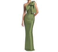 KURFACE Satin Olive Green Formal Dress with Slit One Shoulder Mother of The Bride Dresses Long Sexy Bridesmaid Prom Gown UK16