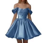 KURFACE Satin Prom Dresses Short for Teens A Line Off Shoulder Ball Gown Corset Formal Evening Dress UK10 Dusty Blue