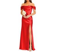 KURFACE Satin Red Bridesmaid Dresses with Slit Pleated Off Shoulder Prom Dress Long Ball Gown Floor Length Maid of Honor UK10