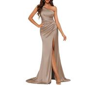 KURFACE Satin Taupe Bridesmaid Dresses for Wedding Party Long Mermaid Prom Dress with Slit Sexy Formal Party Gown UK16