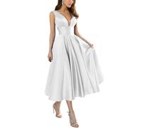KURFACE Satin White Bridesmaid Dresses for Women A Line Elegant Tea Length Wedding Guest Dress Prom Gown UK16
