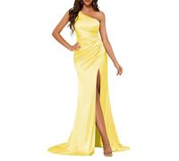 KURFACE Satin Yellow Bridesmaid Dresses for Wedding Party Long Mermaid Prom Dress with Slit Sexy Formal Party Gown UK16