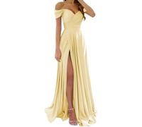 KURFACE Satin Yellow Bridesmaid Dresses for Women with Slit Pleated Strapless Long Formal Dress Corset Evening Party Gown UK8