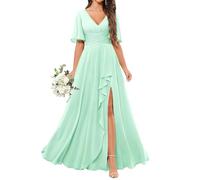 KURFACE Short Sleeve Bridesmaid Dresses Long for Wedding Party V Neck A Line Mint Green Chiffon Formal Dress Evening Gown UK16