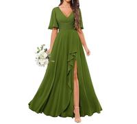 KURFACE Short Sleeve Bridesmaid Dresses Long for Wedding Party V Neck A Line Olive Green Chiffon Formal Dress Evening Gown UK8