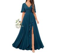 KURFACE Short Sleeve Bridesmaid Dresses Long for Wedding Party V Neck A Line Peacock Chiffon Formal Dress Evening Gown UK16