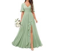 KURFACE Short Sleeve Bridesmaid Dresses Long for Wedding Party V Neck A Line Sage Green Chiffon Formal Dress Evening Gown UK8