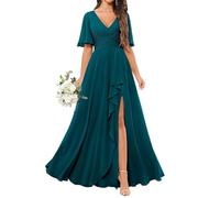 KURFACE Short Sleeve Bridesmaid Dresses Long for Wedding Party V Neck A Line Teal Chiffon Formal Dress Evening Gown UK16