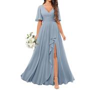 KURFACE Short Sleeve Bridesmaid Dresses Long for Wedding Party V Neck Plus Size Dusty Blue Chiffon Formal Dress Evening Gown UK24