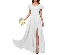 KURFACE Short Sleeve Chiffon Bridesmaid Dresses for Women with Slit White Formal Dress Evening Party Gown UK24