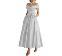 KURFACE Silver Mother of The Bride Dresses Tea Length for Wedding A Line Satin Prom Dress Elegant Formal Evening Gown UK16