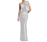 KURFACE Silver One Shoulder Bridesmaid Dresses for Wedding Side Slit Bow Long Satin Formal Dress Evening Gown UK8