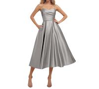 KURFACE Silver Satin Prom Dresses for Women Tea Length Ball Gown Sleeveless Spaghetti Strap Formal Party Dress UK6
