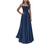 KURFACE Spaghetti Strap Satin Formal Evening Dresses Pleated A Line Corset Long Navy Blue Prom Dress Ball Gown UK16