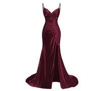 KURFACE Spaghetti Strap Satin Prom Dresses with Slit for Teens Lace Applique Mermaid Formal Party Gown Burgundy Graduation Dress UK6