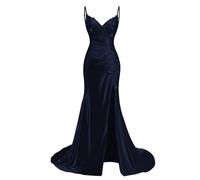KURFACE Spaghetti Strap Satin Prom Dresses with Slit for Teens Lace Applique Mermaid Formal Party Gown Navy Blue Graduation Dress UK6