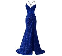 KURFACE Spaghetti Strap Sequin Prom Dresses for Teens with Lace Applique Royal Blue Mermaid Formal Party Dress Long Ball Gown UK8