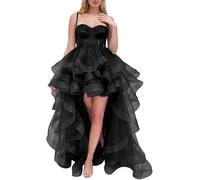 KURFACE Spaghetti Strap Tulle Prom Dresses for Teens Glitter Tiered High Low Ball Gown Black Cocktail Party Dress UK10