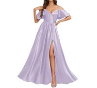 KURFACE Spaghetti Strap V Neck Prom Dress with Slit for Women Lilac Satin Cold Shoulder Bridesmaid Dress Formal Gown UK32