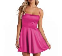 KURFACE Spaghetti Straps Homecoming Dress Short Mini Skirt Boat Neck Satin Graduation Ceremony Gowns for Juniors Fuchsia UK12