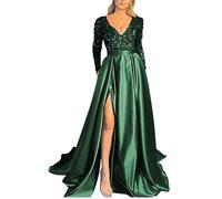 KURFACE Sparkly Sequin Long Sleeve Prom Dresses for Teens 2024 A Line Ball Gown with Slit Emerald Green Formal Party Dress UK20