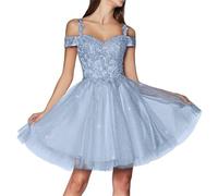 KURFACE Sparkly Tulle Homecoming Dresses for Teens 2024 Cold Shoulder Lace Applique Short Prom Dress Light Blue A Line Ball Gown UK16
