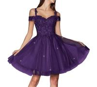 KURFACE Sparkly Tulle Homecoming Dresses for Teens 2024 Cold Shoulder Lace Applique Short Prom Dress Purple A Line Ball Gown UK16