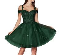 KURFACE Sparkly Tulle Homecoming Dresses for Teens 2024 Cold Shoulder Lace Applique Short Prom Dress Emerald Green A Line Ball Gown UK6