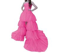 KURFACE Strapless Prom Gowns for Juniors Women High Low Homecoming Ball Dresses with Train Hot Pink UK10