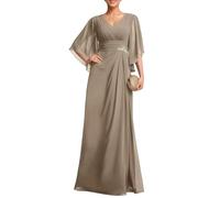 KURFACE Taupe Long Mother of The Bride Dresses for Wedding Party V Neck Plus Size Chiffon Evening Formal Dress with Sleeves UK26