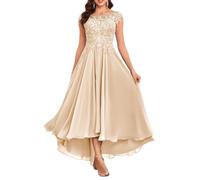 KURFACE Tea Length Mother of The Groom Dresses for Wedding with Sleeves Classy High Low Champagne Bridesmaid Dress UK20