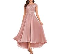 KURFACE Tea Length Mother of The Groom Dresses for Wedding with Sleeves Classy High Low Dusty Rose Bridesmaid Dress UK20